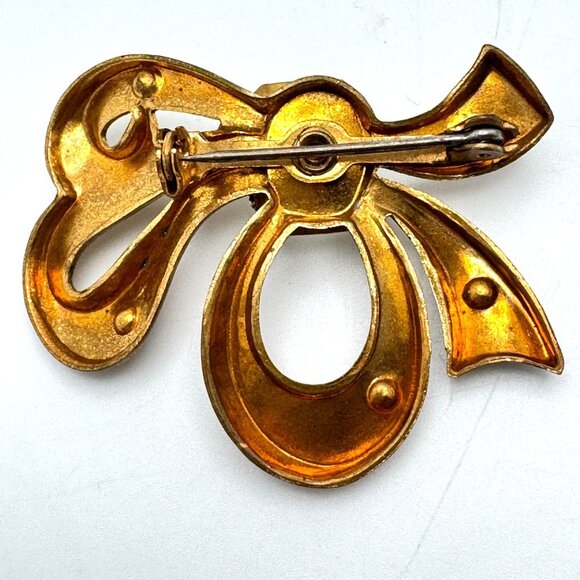 Gold-Tone Bow Brooch Vintage Clear Rhinestones & Large Center Stone - Picture 3 of 5